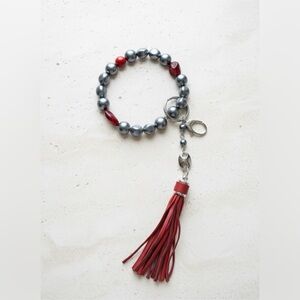 Red and Silver Beaded Key Ring Bracelet Wristlet w/ Red Tassel